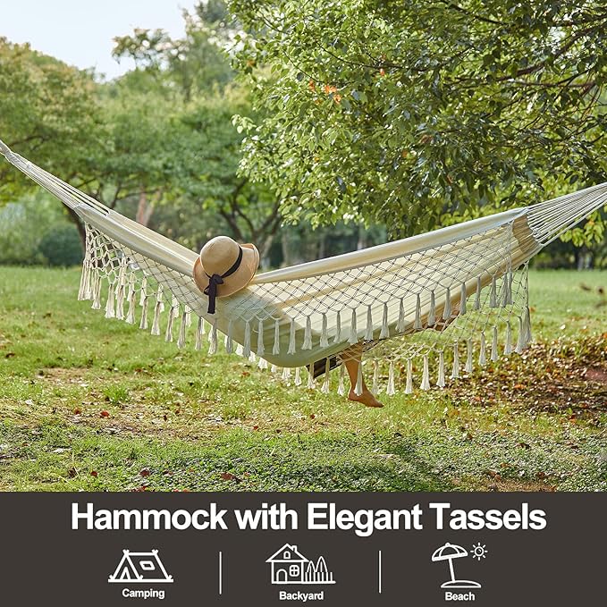 Brazilian Double Hammock with Tree Straps,Extra Large 94x63IN,2 Persons Hammock for Backyard Patio Outdoor Indoor,450lbs Weight Capacity,Soft Woven Cotton Fabric - Natrual White with Tassels