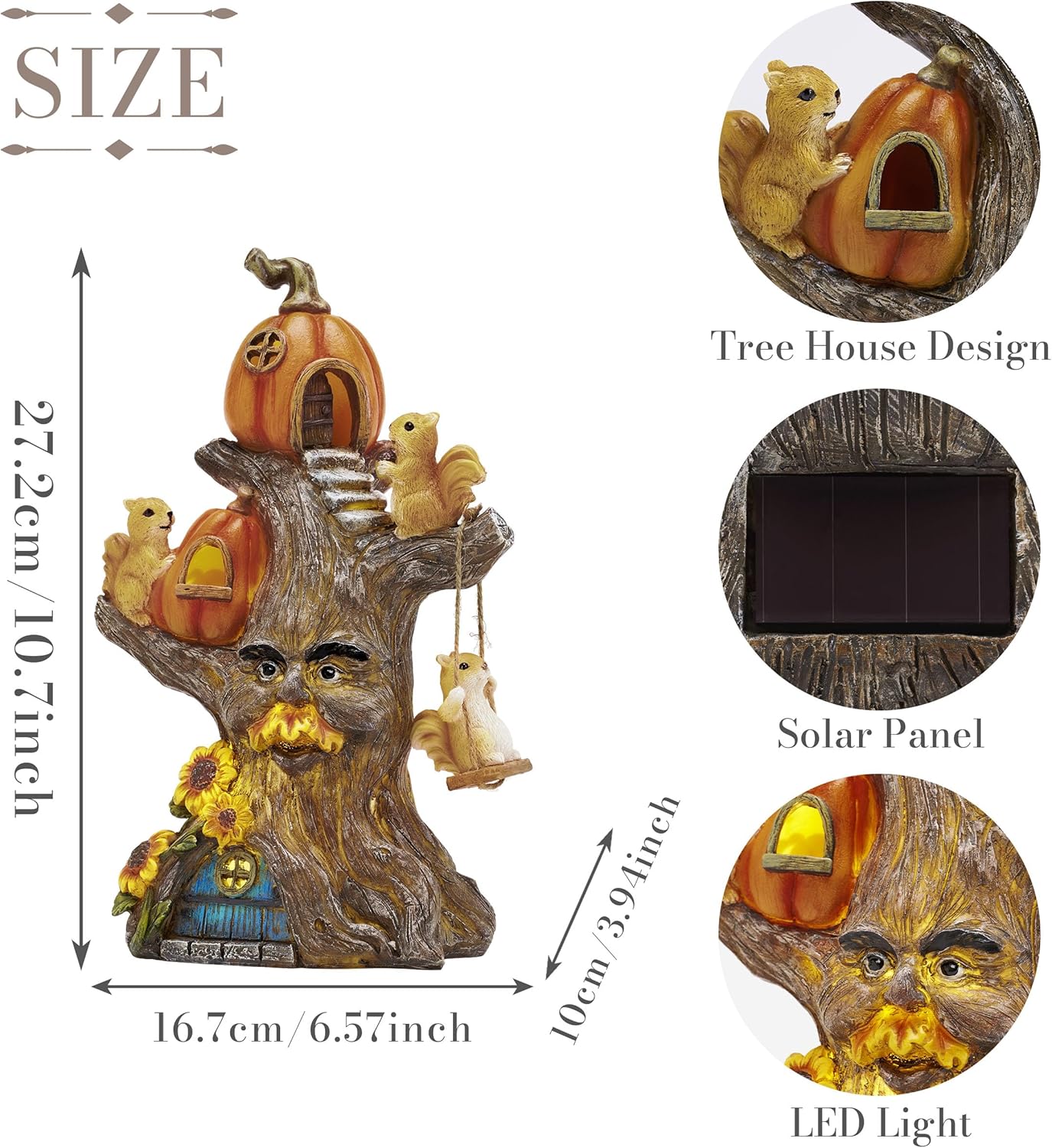 TERESA'S COLLECTIONS Fall Decor, Pumpkin Decor, Tree Spirit and Squirrels Pumpkin House with Solar Lights, Outdoor Fall Decor Waterproof Resin, Fall Gift Outdoor/Indoor,11"