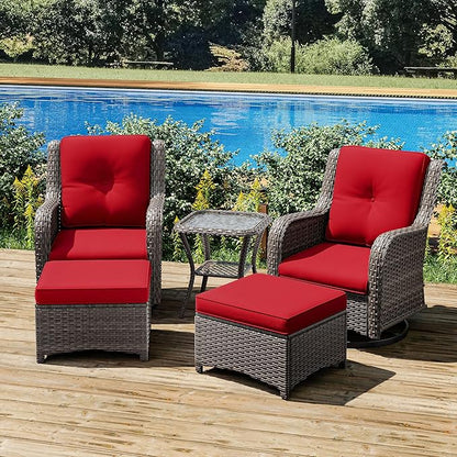 Joyside 5 Piece Outdoor Patio Furniture Set Wicker Conversation Bistro Set Swivel Rocking Chairs with Side Table and Ottomans for Backyard, Porch, Deck(Mixed Grey/Red)