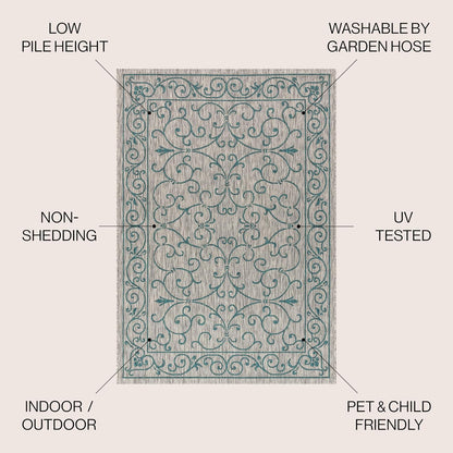 JONATHAN Y SMB106E-8SQ Charleston Vintage Filigree Textured Weave Gray/Teal 8' Square Indoor/Outdoor Area Rug, Pet Friendly, Non-Shedding, Stain Resistant, Easy-Cleaning for Backyard, Patio, Porch