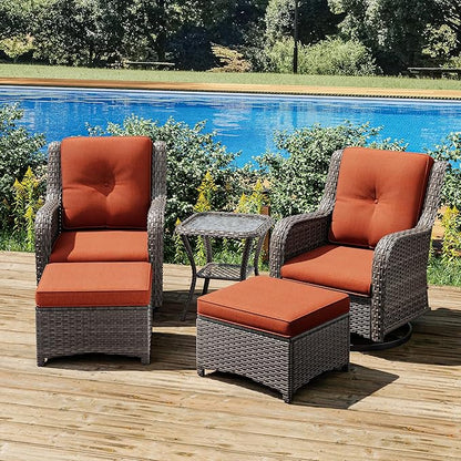 Joyside 5 Piece Outdoor Patio Furniture Set Wicker Conversation Bistro Set Swivel Rocking Chairs with Side Table and Ottomans for Backyard, Porch, Deck(Mixed Grey/Orange)
