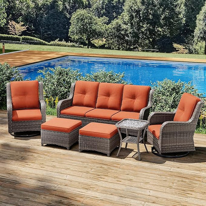Joyside Wicker Patio Furniture Set 6 Piece Set with 1 Three-Seat Sofa, 2 Swivel Rocker Chairs, 2 Ottomans and 1 Side Table, Outdoor Furniture Patio Conversation Sets(Mixed Grey/Orange)