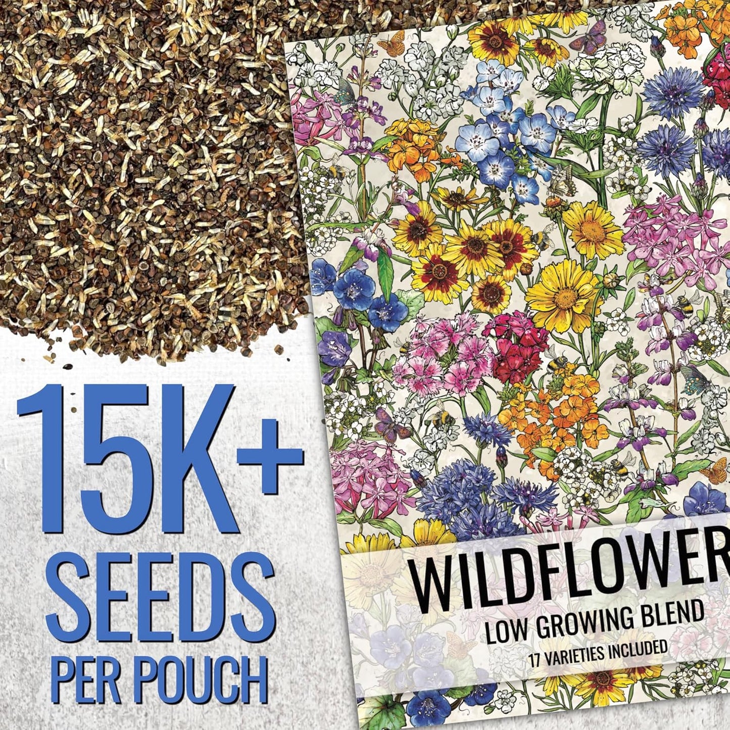 Seed Needs Low Growing Wildflower Flower Seeds for Planting | 10 Packs (1 Ounce Each) Mixture/Blend 17 Varieties | Resealable Package Multicolored Blooms Open Pollinated Mixed Species | Bulk