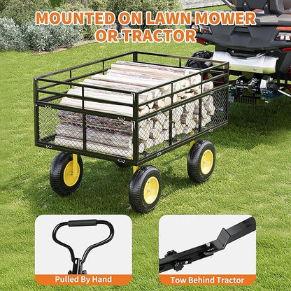 3-in-1 Heavy-Duty Steel Garden Cart, 1400 Lbs Garden Wagon, with 13 Inch All-Terrain Tires and Removable Mesh Side Panels, 180° Rotating Handle, Metal Multi-Function Carts, Outdoor Gardens Wagon Cart