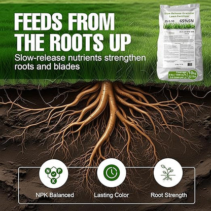 Slow Release Lawn Fertilizer 25-5-10 NPK - 65% Granular Nitrogen Formula for Deep Feeding up to 110 Days - 20kg (44lbs) Bag - Kid & Pet Safe Lawn Care for Lush Green Grass