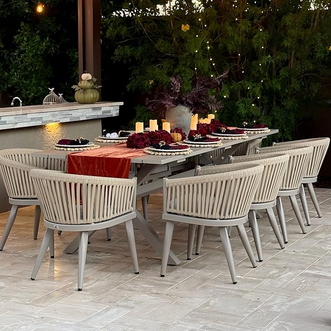 PURPLE LEAF 11 Pieces Outdoor Dining Set with Patio Aluminium Dining Table and Wicker Rattan Chairs Modern Furniture Cushions Sets for Backyard Indoor Decor Kitchen Champagne