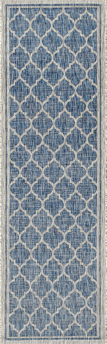 Eyely BMS109D-28 Santa Monica Trebol Moroccan Trellis Textured Weave Indoor/Outdoor Runner Rug Coastal;Bohemian, Bedroom, Backyard, Patio, Easy-Cleaning, Non-Shedding, 2 X 8, Navy/Gray