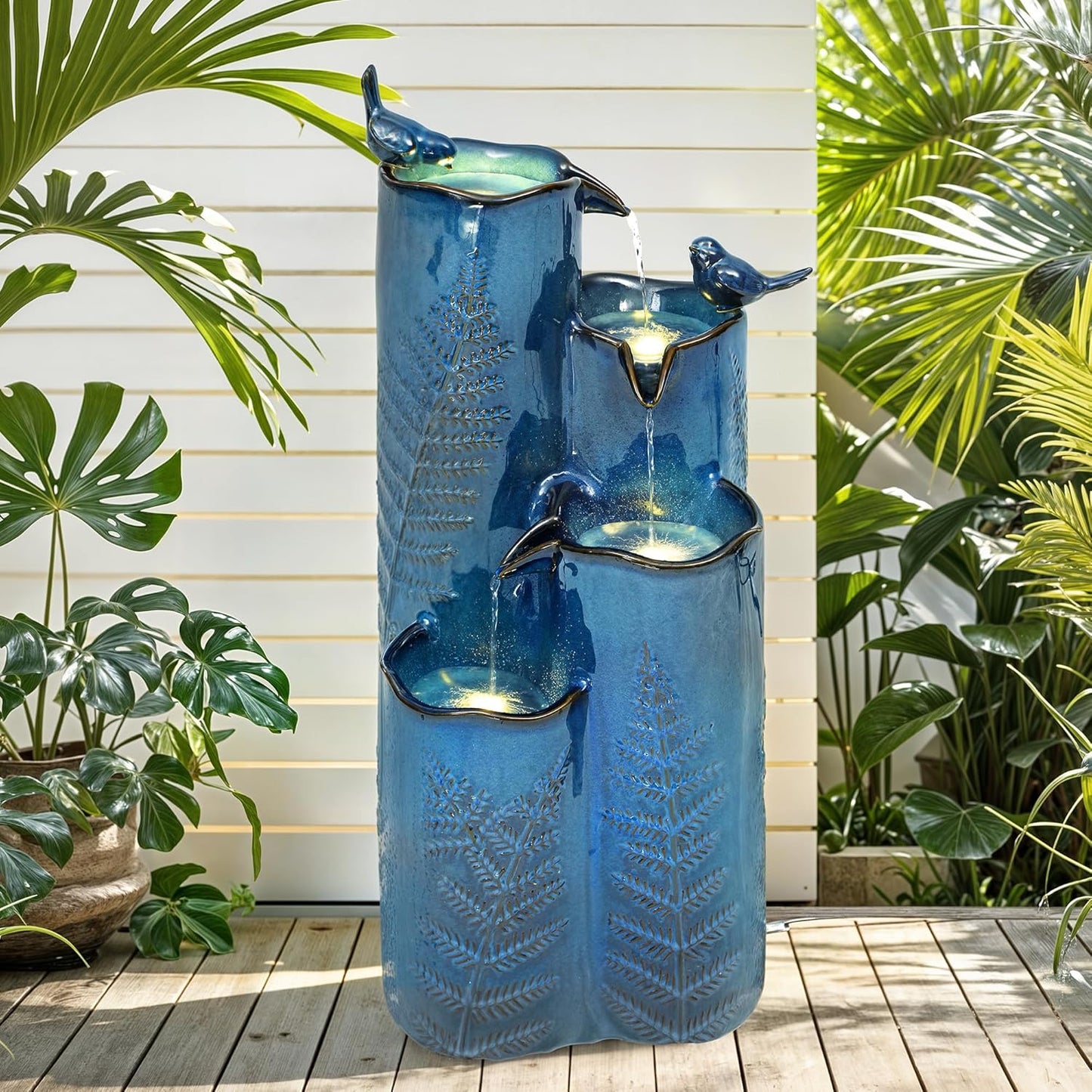 32" Tall Outdoor Fountain, Ceramic Vase Water Fountain withs Lights, 4-Tier Waterfalls with Birds, Tranquil Oasis for Garden Patio Yard Deck Balcony Decor, Tropical Fern, Turquoise Glaze