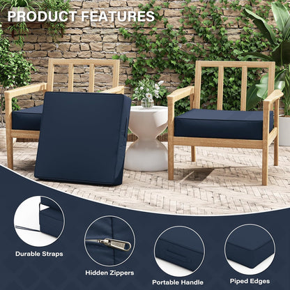 Patio Chair Cushions 24 X 24 X 5 Inch Waterproof Outdoor Seat Cushions for Patio Furniture, Outdoor Sofa Couch Pads with Ties & Handle, Set of 2, Navy Blue