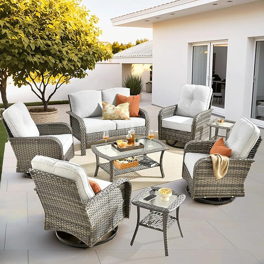 ovios 8 Pieces Patio Furniture Set, Outdoor Wicker Sofa with Swivel Chairs, Coffee Table, All Weather High Back Rattan Loveseat Couch with Comfy Cushions, Grey
