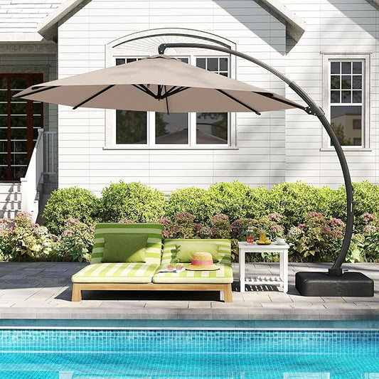 Kingdura 11ft Cantilever Patio Umbrella with Base Included, Large Round Offset Outdoor Pool Umbrella, 360° Rotation & Infinite Tilt, Heavy Duty Aluminum Frame for Deck Backyard, Beige
