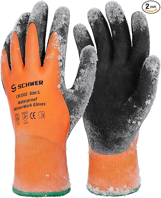 Schwer 2 Pairs Waterproof Winter Work Gloves, ANSI A2 Cut Resistant Freezer Gloves for Outdoor Cold Weather Keep Hands Warm, Thermal Insulated Gloves for Shoveling Snow, Ice Fishing, Super Grip, L
