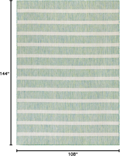 Nourison Home Positano 9' x 12' Indoor/Outdoor Blue Green Ivory Area Rug, Easy Cleaning, Non Shedding, Coastal Style, Striped, Rectangular