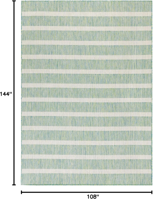 Nourison Home Positano 9' x 12' Indoor/Outdoor Blue Green Ivory Area Rug, Easy Cleaning, Non Shedding, Coastal Style, Striped, Rectangular