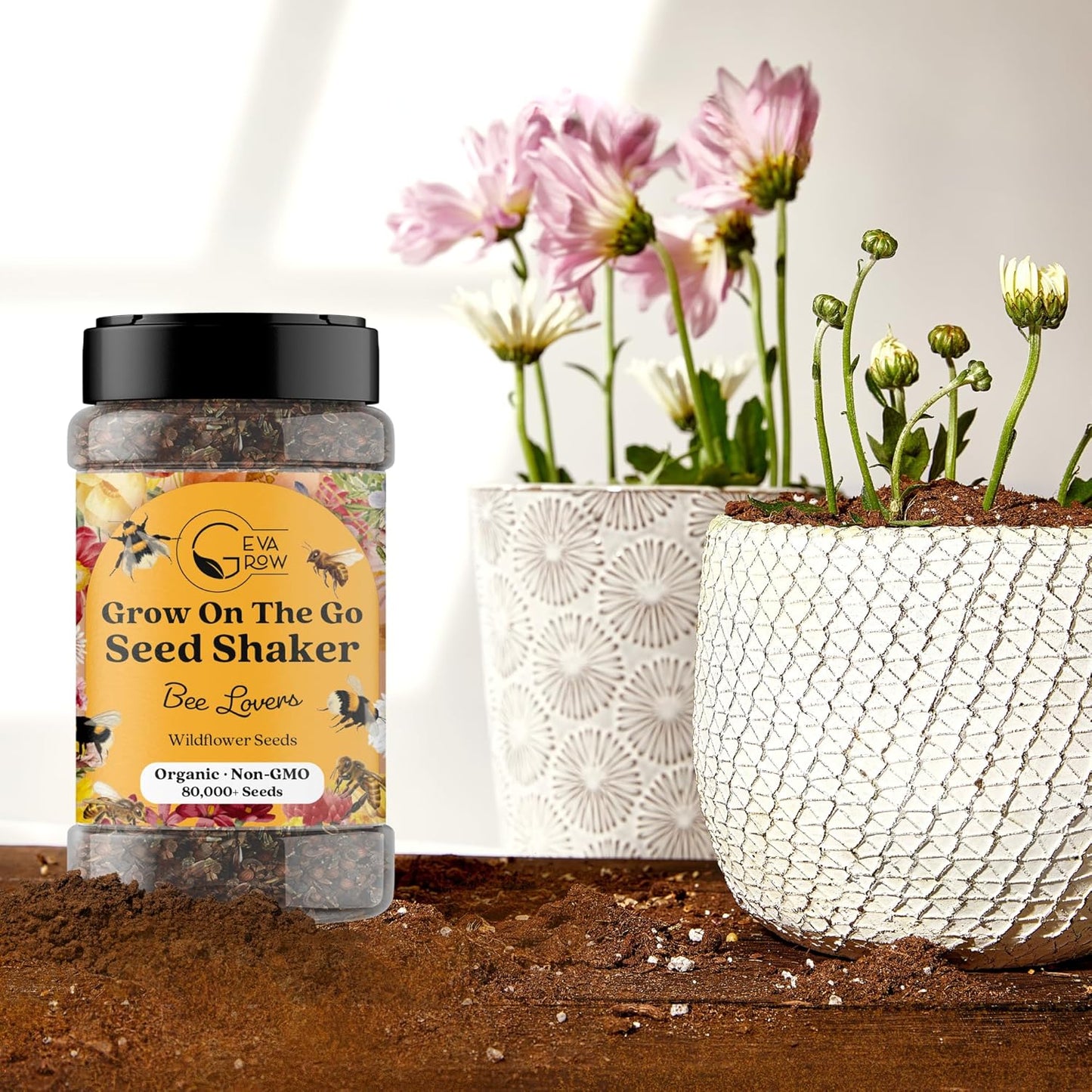 Mini Wildflower Seed Shaker - Save The Bees Seed Mix, by GevaGrow | 80,000+ Seeds | Pollinator & Bee Attracting Flower Seeds Bulk for Planting in Pots & Outdoor Gardens | 2 Ounce