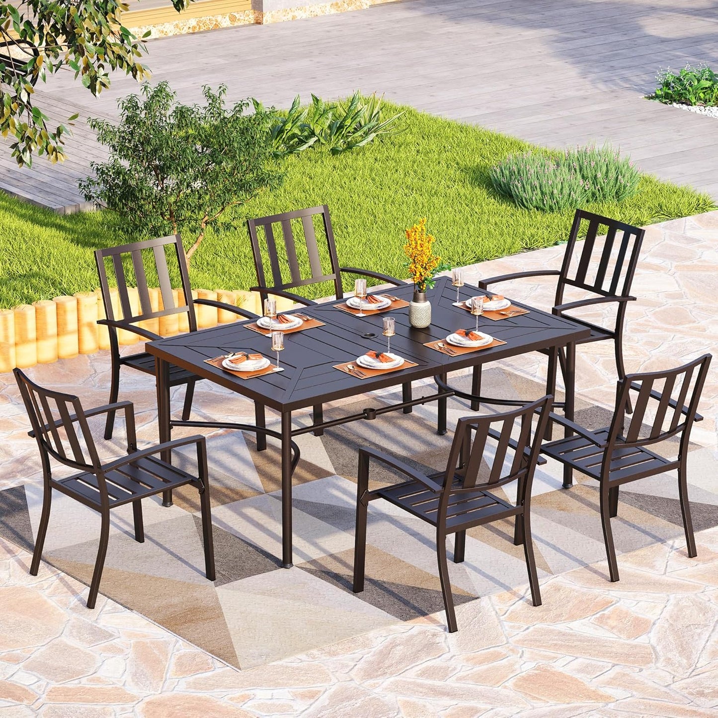 PHI VILLA 64" Large Metal Patio Dining Table Steel Rectangular Outdoor Table, Weather-Resistant Table with 1.77" Umbrella Hole for Lawn Backyard Garden, Black