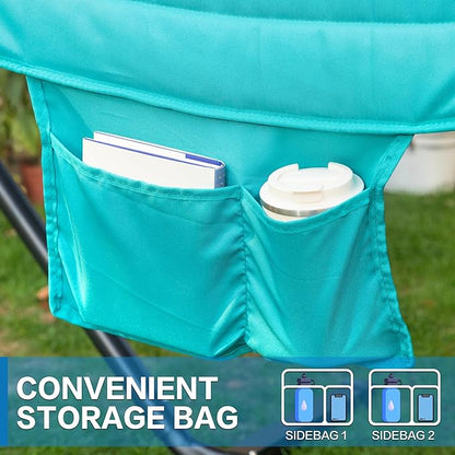 PNAEUT Double Hammock with Stand for Outside, Rope Hammocks with Polyester Pad 2 Person, 12ft Heavy Duty Stand, Extra Pillow, Storage Sidebag, Max 475 lbs Capacity (Lake)