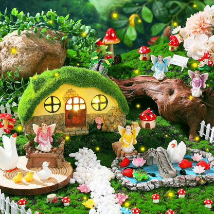 Roowest 57 Pcs Solar Fairy House Garden Accessories Light up Mushroom House Resin Fairy Figures Garden Kit Resin Miniature Fish Pond Figures Micro Landscape Outdoor Decoration