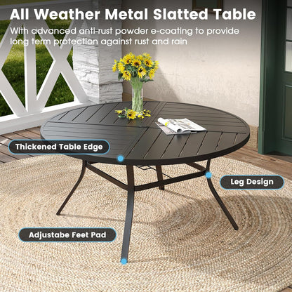 DIFY 53.1" Round Outdoor Patio Dining Table for 6-8, All-Weather Metal Steel Slatted Patio Table with 1.57" Adjustable Umbrella Hole, for Lawn Garden Porch Backyard, Black
