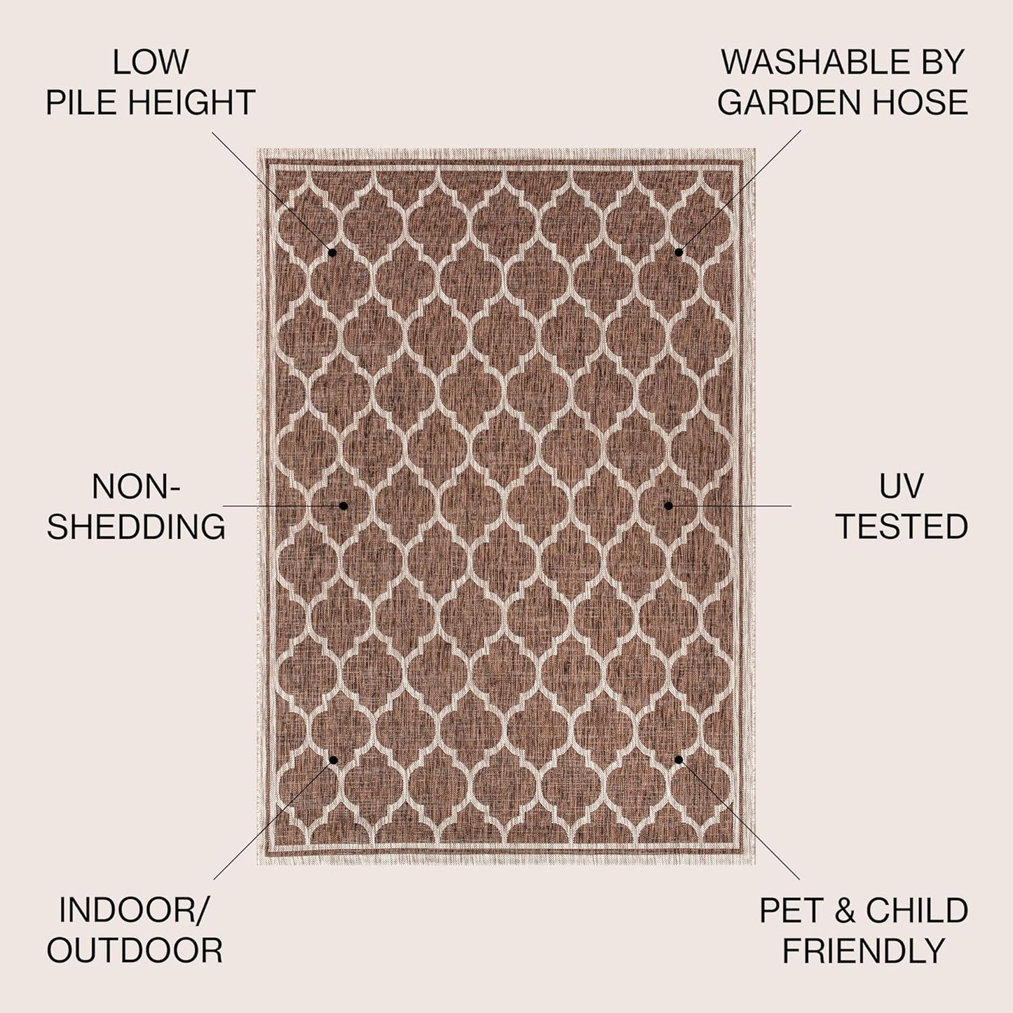 Eyely BMS109B-6SQ Santa Monica Trebol Moroccan Trellis Textured Weave, Pet Friendly, Non-Shedding, Stain Resistant, Easy-Cleaning, Espresso/Taupe, 6' Square, Indoor/Outdoor, Area Rug