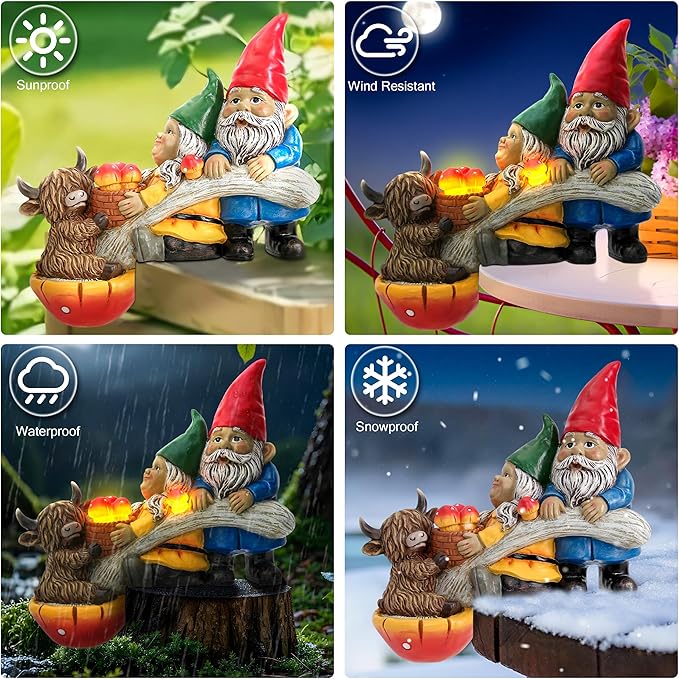 Garden Gnomes & Highland Cow with Mushroom Solar Light, Garden Gnomes Outdoor Statue Solar Yard Decorations for Patio Lawn Porch Accent (Couple Gnome Figurine)