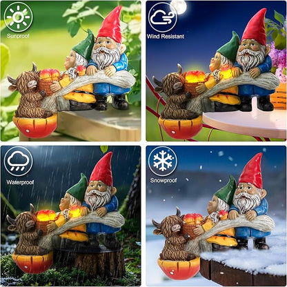 Garden Gnomes & Highland Cow with Mushroom Solar Light, Garden Gnomes Outdoor Statue Solar Yard Decorations for Patio Lawn Porch Accent (Couple Gnome Figurine)