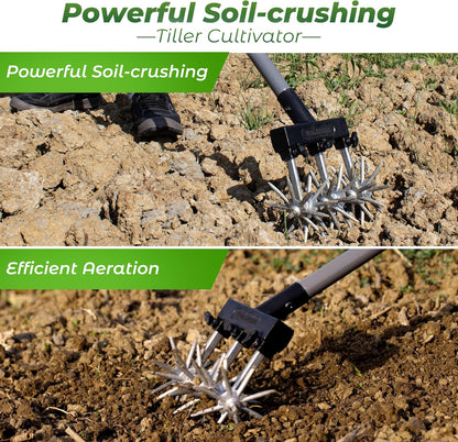 Walensee Rotary Cultivator Garden Tool – Adjustable Hand Tiller for Gardening & Lawn Care with Rustproof Aluminum Blades, Telescopic Handle, Lightweight Nylon Base – Soil Aerator & Grass Reseeder