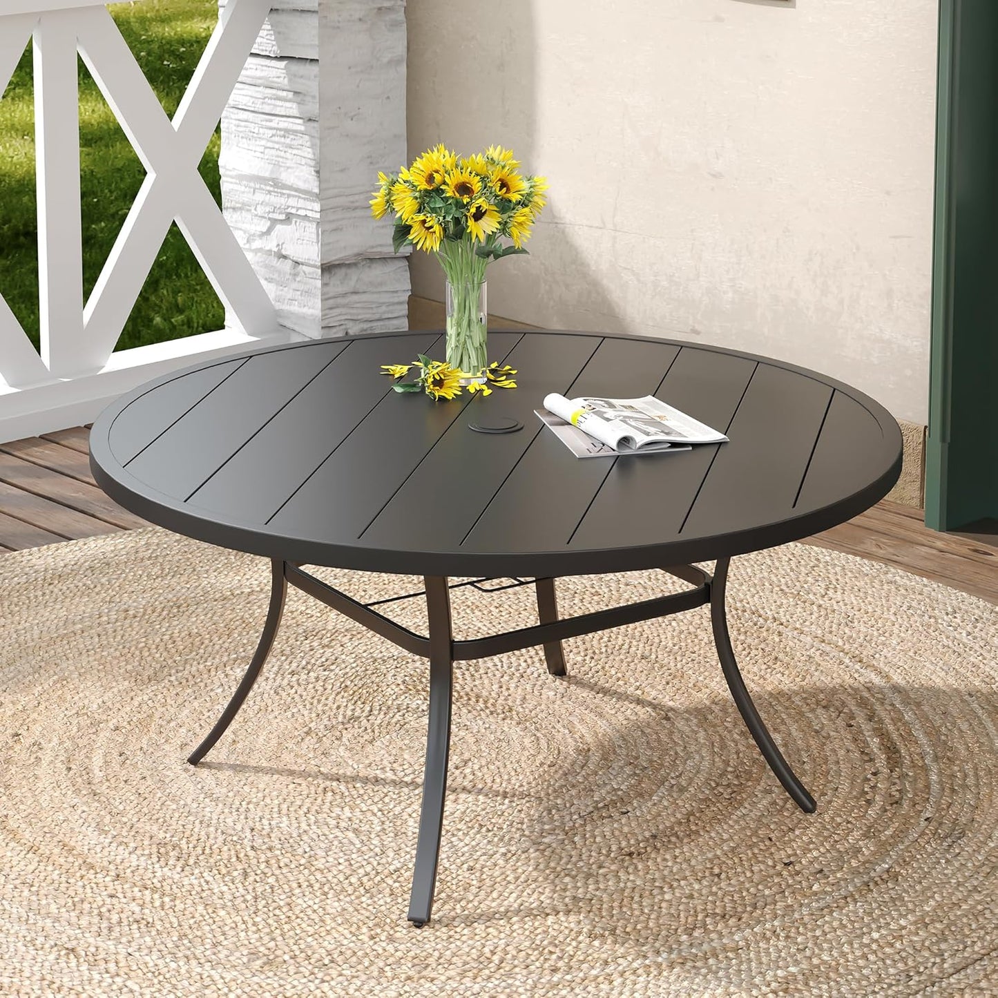 DIFY 60" Round Patio Dining Table for 8-10, Outdoor Metal Dining Table with 1.57" Umbrella Hole for Backyard Lawn Garden, Black