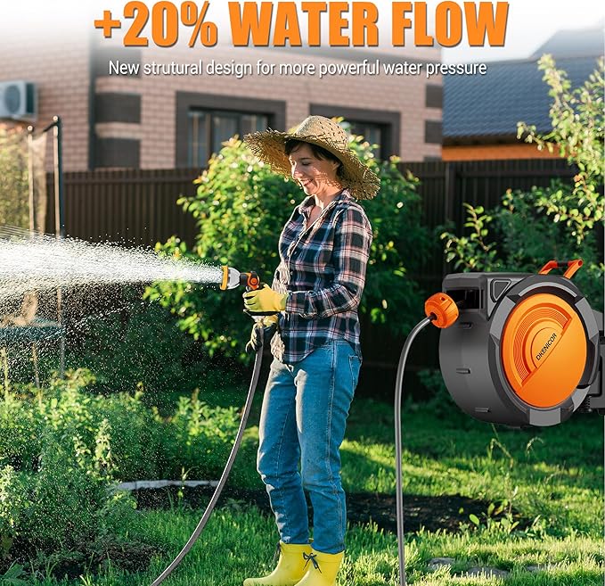 5/8" × 110 ft Retractable Hose Reel, Heavy Duty Retractable Garden Hose Reel Wall Mounted with 10-Pattern Hose Nozzle/Any Length Lock/Slow Return System/180°Swivel Bracket, Orange