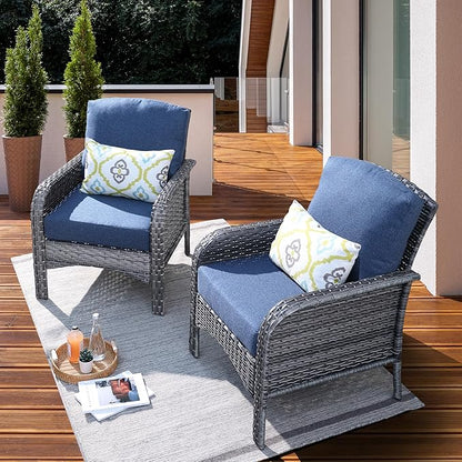 ovios 2 Pieces Patio Furniture Set, Outdoor Wicker Chairs of 2, All Weather High Back Rattan Chairs 2-Seater with Comfy Cushions for Porch Deck, Denim Blue