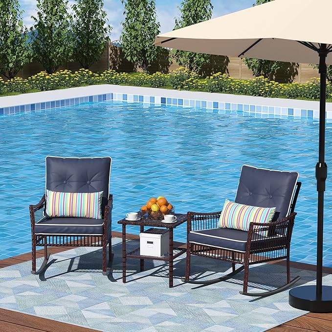DECMICO Outdoor Rocking Chairs 3 Pieces Patio Conversation Front Porch Furniture, Wicker Bistro Set with Coffee Table for Garden and Balcony (Brown Rattan Royal Blue Cushion)