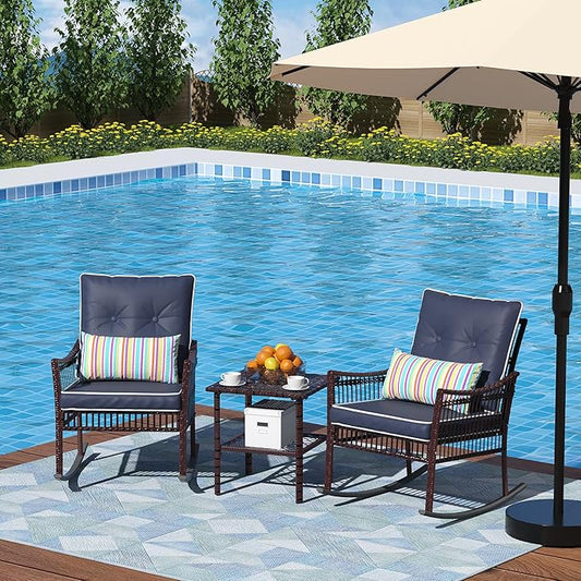 DECMICO Outdoor Rocking Chairs 3 Pieces Patio Conversation Front Porch Furniture, Wicker Bistro Set with Coffee Table for Garden and Balcony (Brown Rattan Royal Blue Cushion)