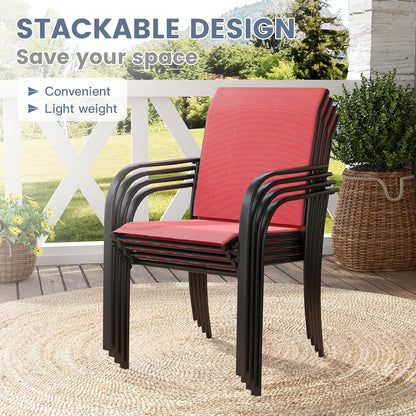 VICLLAX 5 Pieces Patio Dining Set for 4, Outdoor Furniture Set Includes 40.7" Round Patio Table and 4 Patio Stackable Chairs, Black Tabletop and Red Fabric