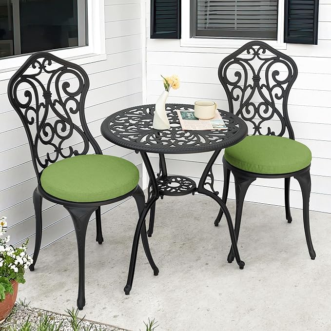 NUU GARDEN Patio 3-Piece Bistro Set with Cushions, Patio Chairs and Outdoor Round Table with Umbrella Hole, Cast Aluminum Patio Set for Lawn, Garden, Porch, Poolside, Black