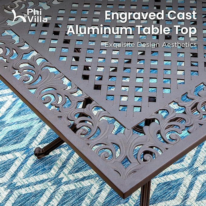 PHI VILLA 7 Piece Cast Aluminum Patio Dining Set for 6, Outdoor Table and Chairs, Patio Furniture Set with 63" x 37.4" Aluminum Table and 6 Swivel Rockers Dining Chairs with Cushions