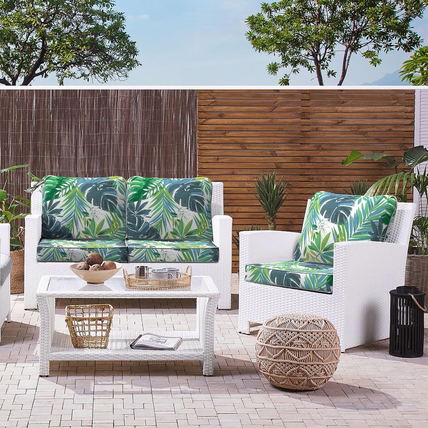 LVTXIII Outdoor Deep Seat Cushion Patio Seat and Back Cushion Set Seasonal Chair Cushion with Removable Cover and Adjustable Buckle for Home and Garden, 24"x24"x4", Islamorada Blue Green