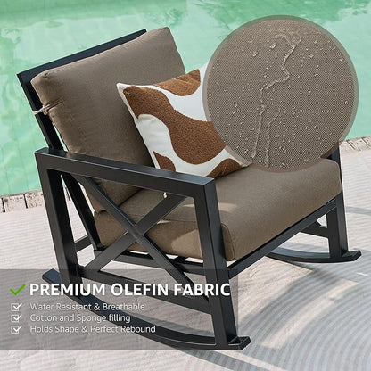 NATURAL EXPRESSIONS Rocking Chair Patio Set, 3 Piece Bistro Furniture Set with 2 Rockers, 1 Metal Coffee Table with Thick Cushions, 2 Pack Waterproof Patio Chair Covers