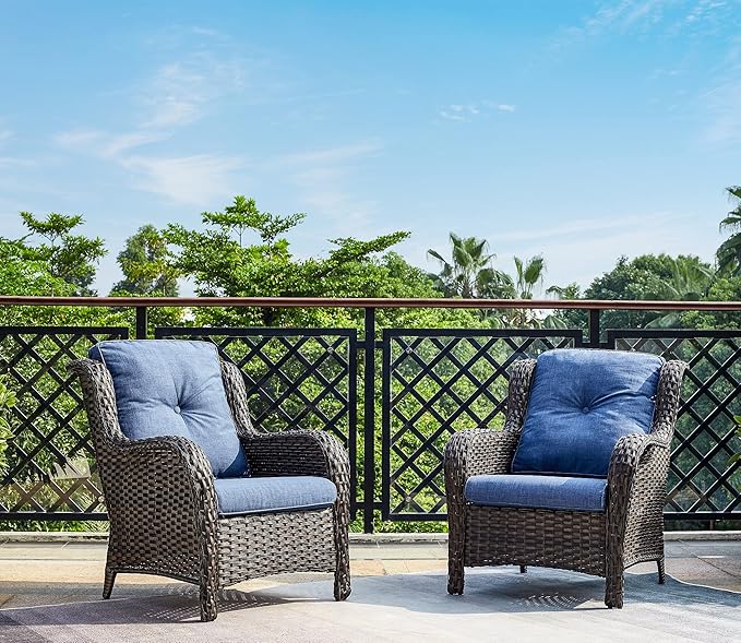 Rilyson Outdoor Wicker Patio Chairs Set of 2: High Back, Deep Seating, Wide Armrest, Thick Comfort Cushions, Ideal for Porch Deck Backyard Garden(Brown/Blue)