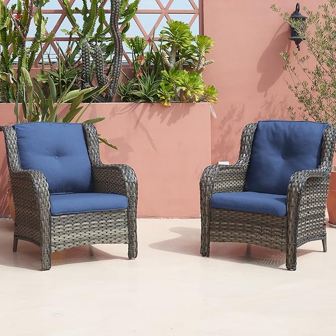Rilyson Patio Chairs Outdoor Wicker Chair - Rattan Dining Chairs Porch Chairs Outside Club Chairs with High Back and Deep Seating(Mixed Grey/Blue)