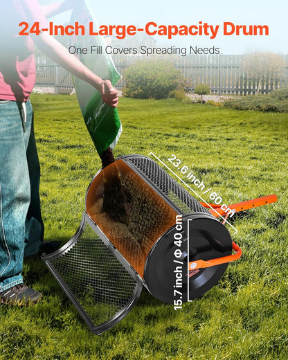 VEVOR Compost Spreader, 24 in Wide Peat Moss Spreader with T Shaped Handle, 3 Heights Adjustable, Powder-Coated Steel Garden Peat Moss Roller, Heavy Duty Grass Seed Spreaders for Planting Seeding