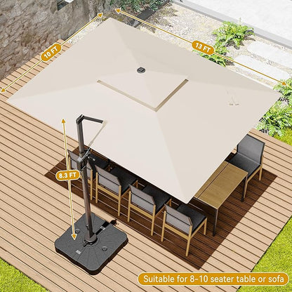 10x13 FT Cantilever Patio Umbrella with Base Included Double Top Outdoor Rectangular Large Heavy Duty Aluminum Offset Umbrellas with 7 Level Tilt 360-degree Rotation for Pool Garden Deck, Beige