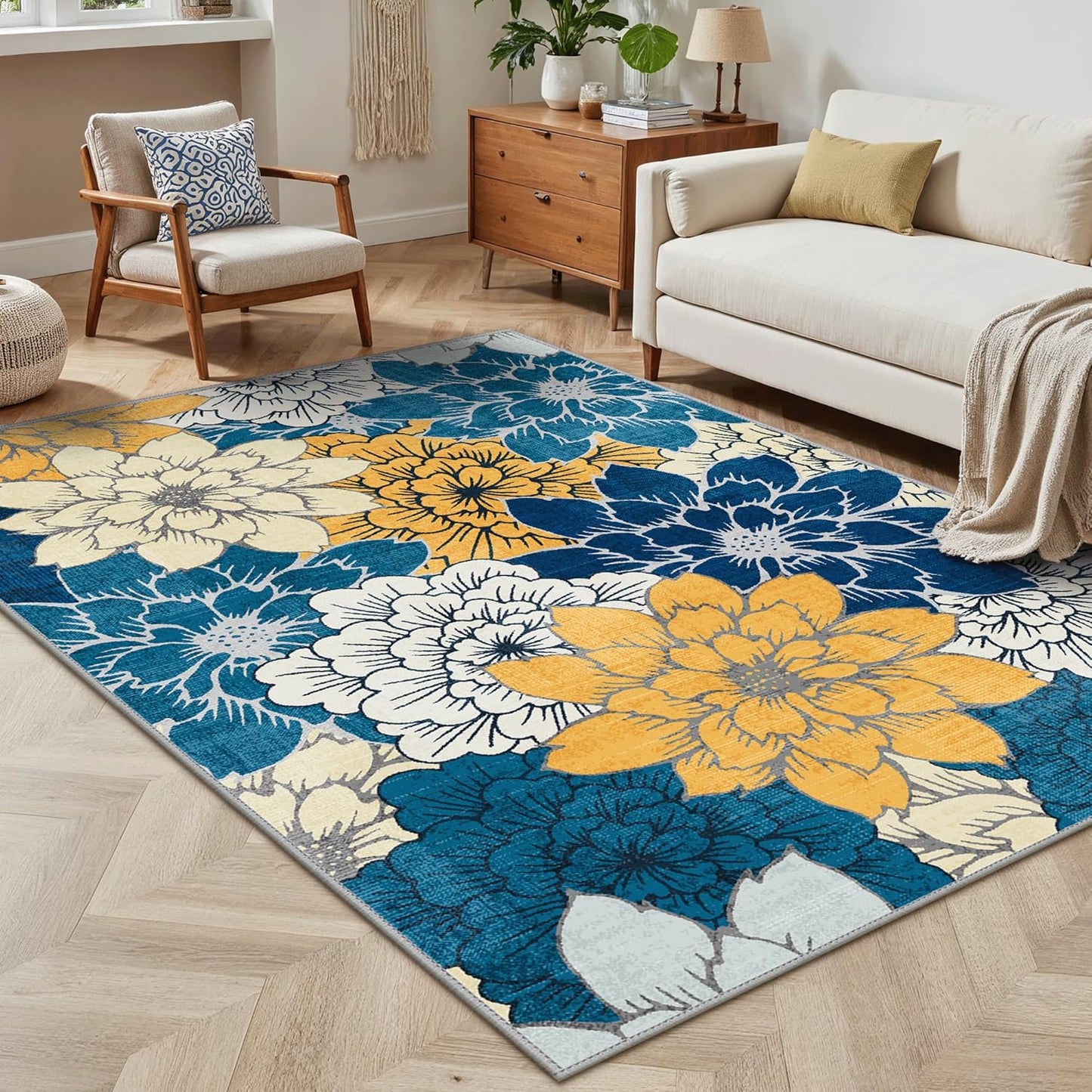 GENIMO Indoor Outdoor Area Rug 5' X 7' Waterproof, Washable Patio Rug Non Shedding, Easy Cleaning Floral Outdoor Carpet for Living Room, Bedroom, Dining Room, Balcony, Backyard, Deck, RV, Blue