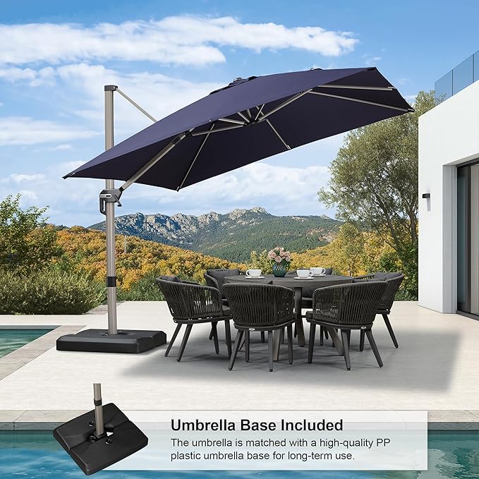 PURPLE LEAF 10FT Patio Umbrella with Base Cantilever Umbrella Square Outdoor Offset Umbrella with Champagne Frame and 360° Rotation for Garden Deck Pool, Navy Blue