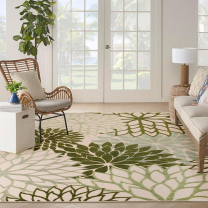 Nourison Home Aloha Indoor/Outdoor Ivory Green 7'10" x 10'6" Area Rug, Easy-Cleaning, Non Shedding, Bed Room, Living Room, Dining Room, Backyard, Patio, Deck (8x11)