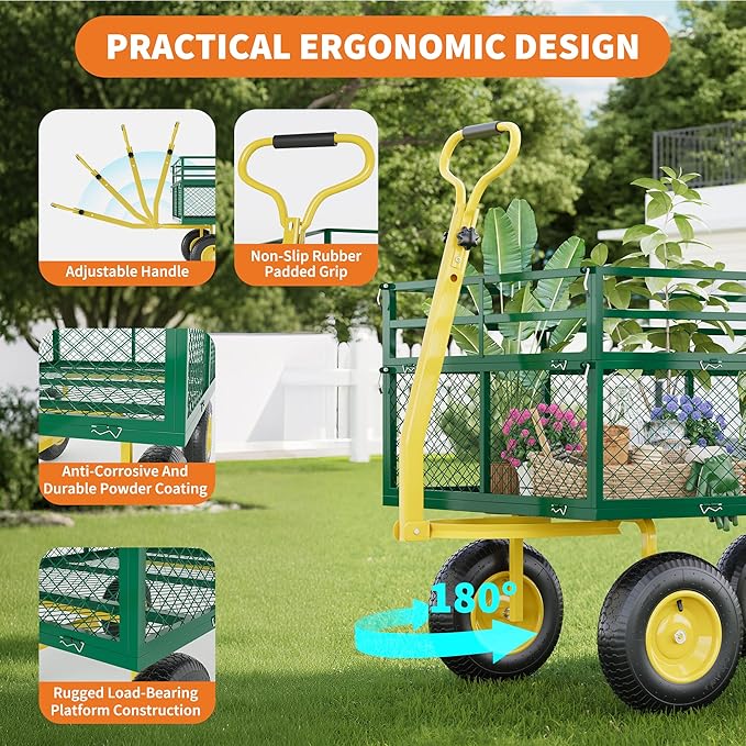1400LB Capacity Garden Cart, 3-in-1 Heavy Duty Utility Wagon with 13" All-Terrain Tires, Removable Mesh Sides & 180° Swivel Handle - Outdoor Yard Cart for Gardening, Farming, Patio Use