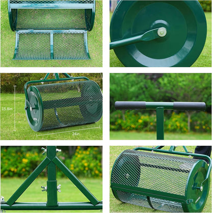 Compost Spreader- 24 inch Peat Moss Roller With improved T shape handle-Lawn & Garden Spreader For Top Dressing Compost, Fertilizer, Mulch And Soil- Strong and Lightweight material for basket