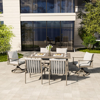 HAPPATIO Patio Table for 6, Large Modern Rectangle Outdoor Dining Table with Umbrella Hole and Adjustable Feet, All Weather Aluminum Patio Table for Garden, Backyard and Poolside, Grey