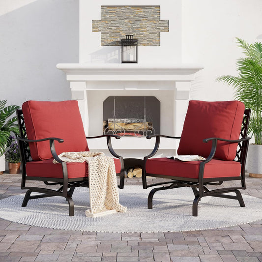 Metal Outdoor Rocker Patio Chairs Set of 2 with 5.75" Extra Thick Cushion, 2 Piece High Back Rocker Patio Chairs All Weather Outdoor Furniture Seating for Deck Balcony Porch, Red