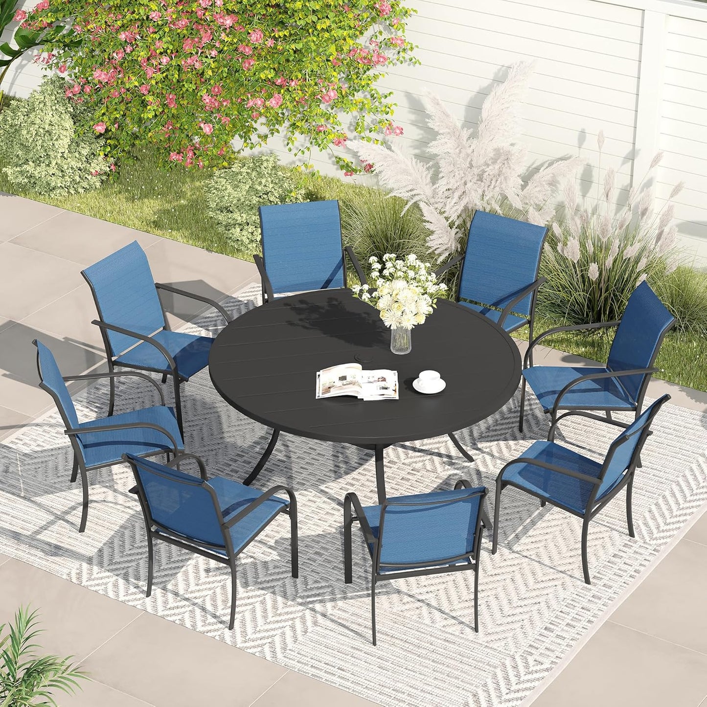 VICLLAX Patio Dining Set for 8, Outdoor Furniture Set Includes 53" Round Patio Table and 8 Patio Sling Chairs, Black Tabletop and Blue Fabric