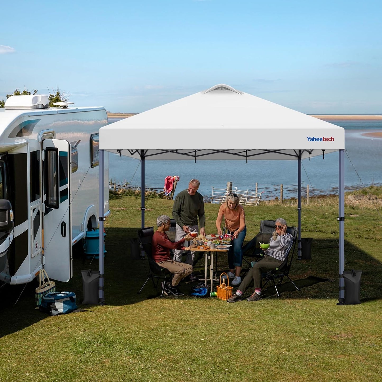 Yaheetech 12x12 Pop-up Canopy Tent w/ 2 Integrated Wheels for Mobility, Waterpoof & Heavy Duty, Instant Sun Shelter with Carry Bag, Weight Bags for Outdoor Camping Beach Patio Parties, White